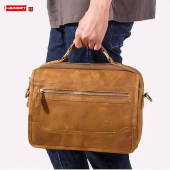 

2019 New Genuine Leather Men's Briefcase Shoulder Messenger Bag Large-capacity Handbag Fashion Retro Bags Oil Wax Leather Soft