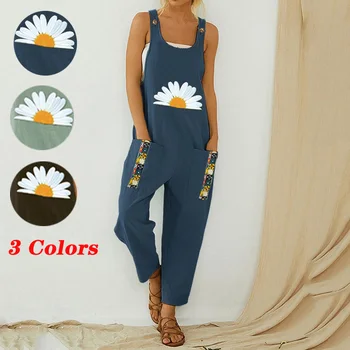 

Retro Loose Cotton Linen Women Jumpsuit Summer Print Button Strappy Bodysuit Casual Backless Pocket Wide Leg Overall Romper