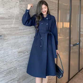 

Autumn Winter Woolen Coat Woman 2020 New Double Row Buckle Waist Strap Long Overcoat Woman Korean Style Solid Outwear Mujer