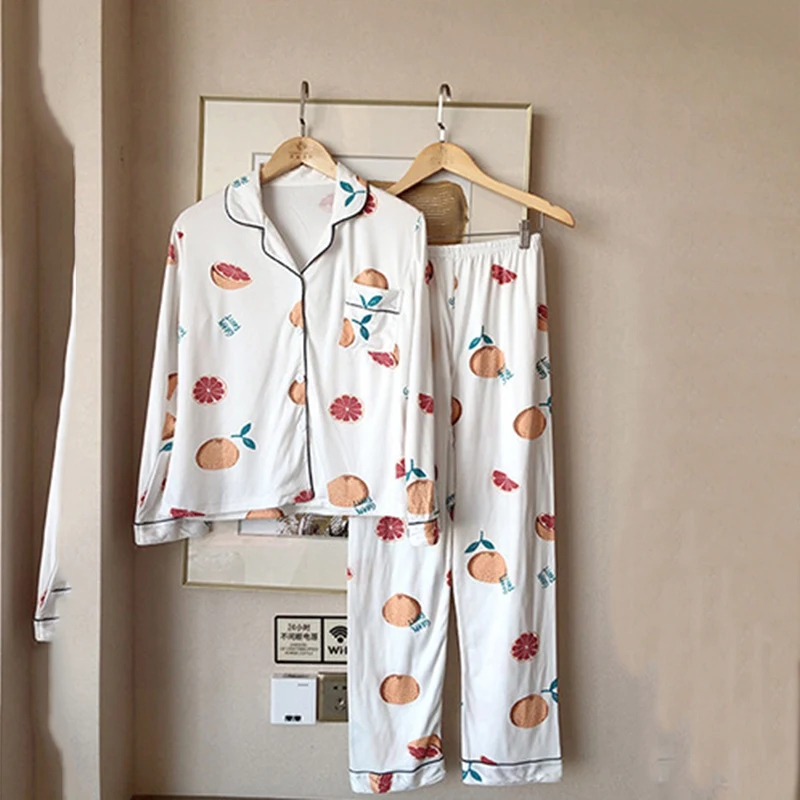 as the picture Женский пижамный комплект, рубашка с рисунком фруктов+ брюки, кардиган с длинными рукавами, одежда для сна с отворотом - Цвет: as the picture