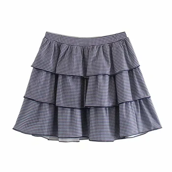 

2020 summer women's new retro high waist elastic waist laminated decorative skirt check ruffle mini skirt 00219310400