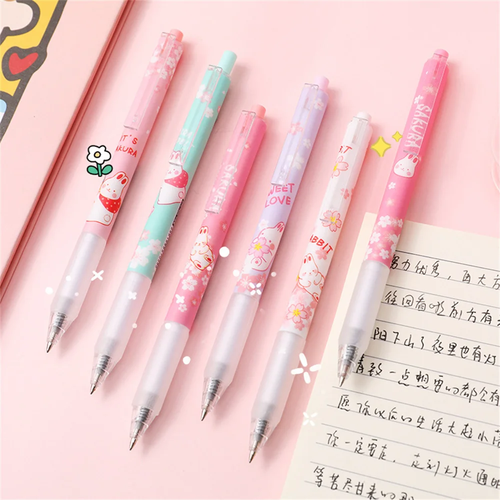 2pcs Kawaii Sakura Rabbit Gel Pen Black Ink Retractable Pens Exam Stationery 