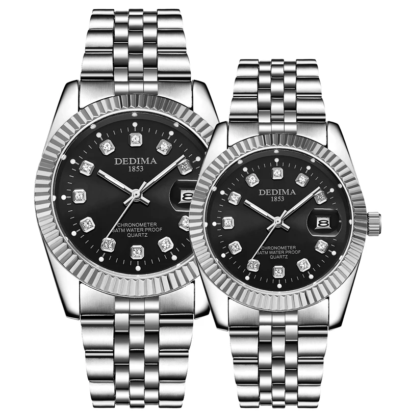 Luxury Couple Watch Women Lovers Fashion Silver Crystal Quartz Montre Stainless-Steel