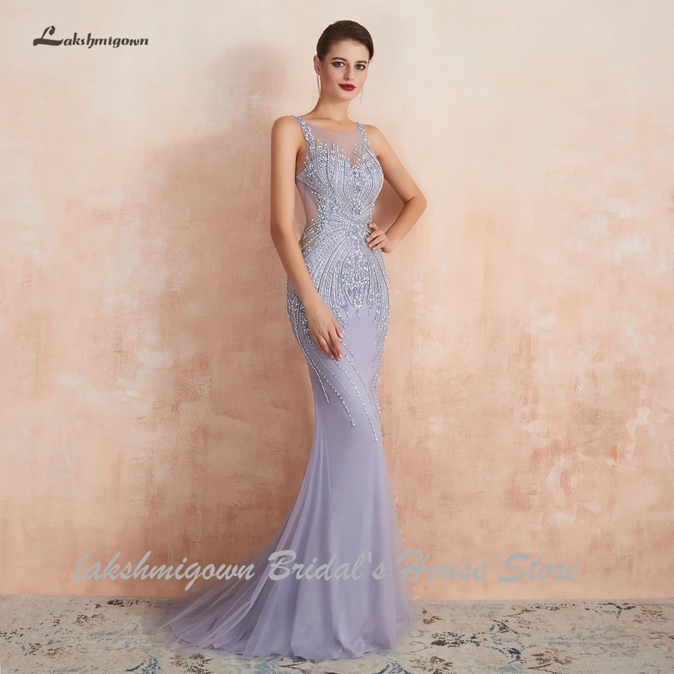 Lakshmigown роскошное вечернее платье с бусинами, Русалка, сиреневый тюль, длинные платья, вечерние платья, Vestido Elegante, платья для выпускного вечера