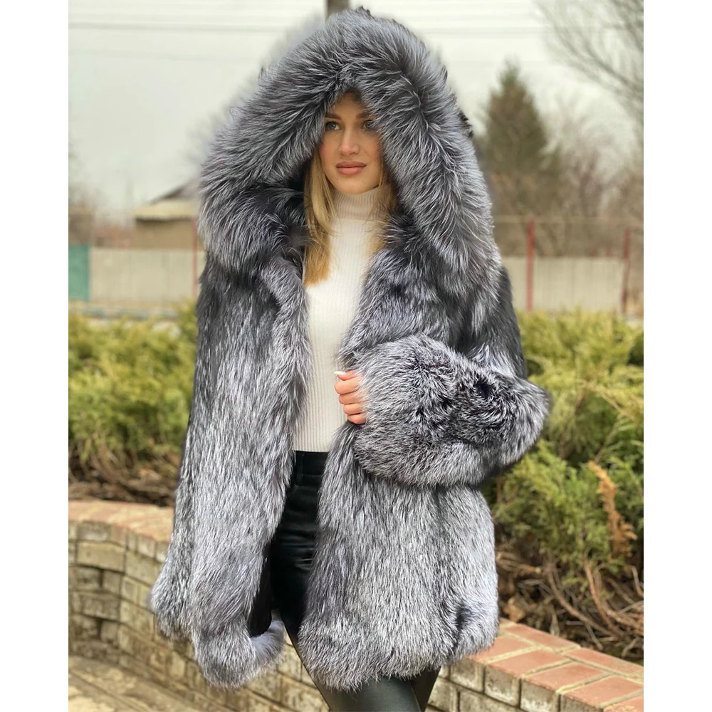 Mid-length Real Silver Fox Fur Jacket with Hood Women Winter Fashion Natural Silver Fox Fur Coat Female Thick Warm Fur Overcoats