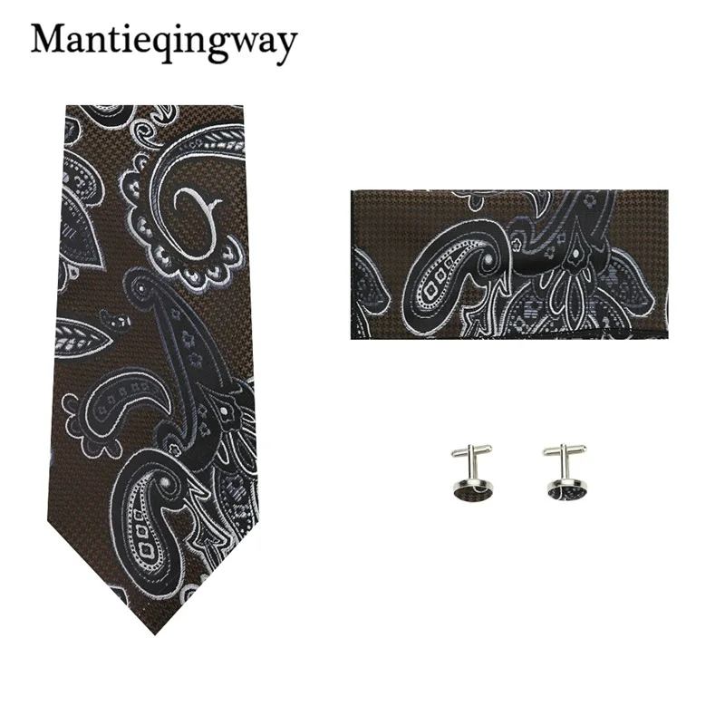 Mantieqingway Mens Ties Handkerchief Cufflinks Set for Wedding Paisley Floral Hanky Necktie for Mens Polyester 8.5cm Neck Tie