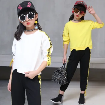 

Children Girls clothing set 2018 autumn teenage girls sport suit Letters Striped Sleeves 3-14 Years kids tracksuit Clothes