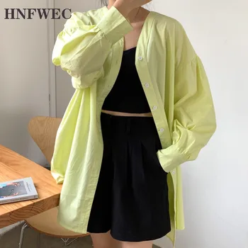 

2020 Summer New Minimalist Long Sleeve Large Size Thin Yellow Shirt Coats Simple V-Neck Casual Ladies Womens Tops Blouses T124