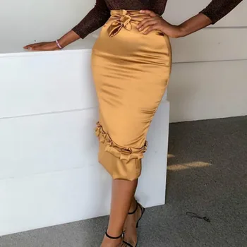 

High Waist Midi Skirt Women 2020 Fashion Solid Color Straight Plus Size Bow Ruffles Long Skirts Office Ladies Causal Workwear