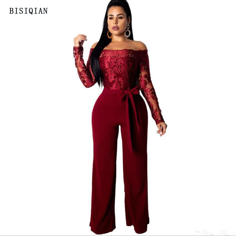 

New Embroidered Lace Sexy Jumpsuits Slash Neck Strapless Wide Legs Jumpsuit Long Sleeve Backless Women's Jumpsuit