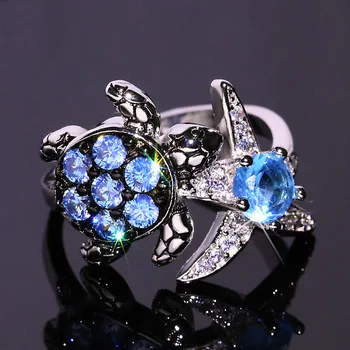

Female Summer Jewelry Banquet Wedding Ring Creative Inlay Sea Blue Zircon Turtle Starfish Ring Rings for Women Jewelry Gift