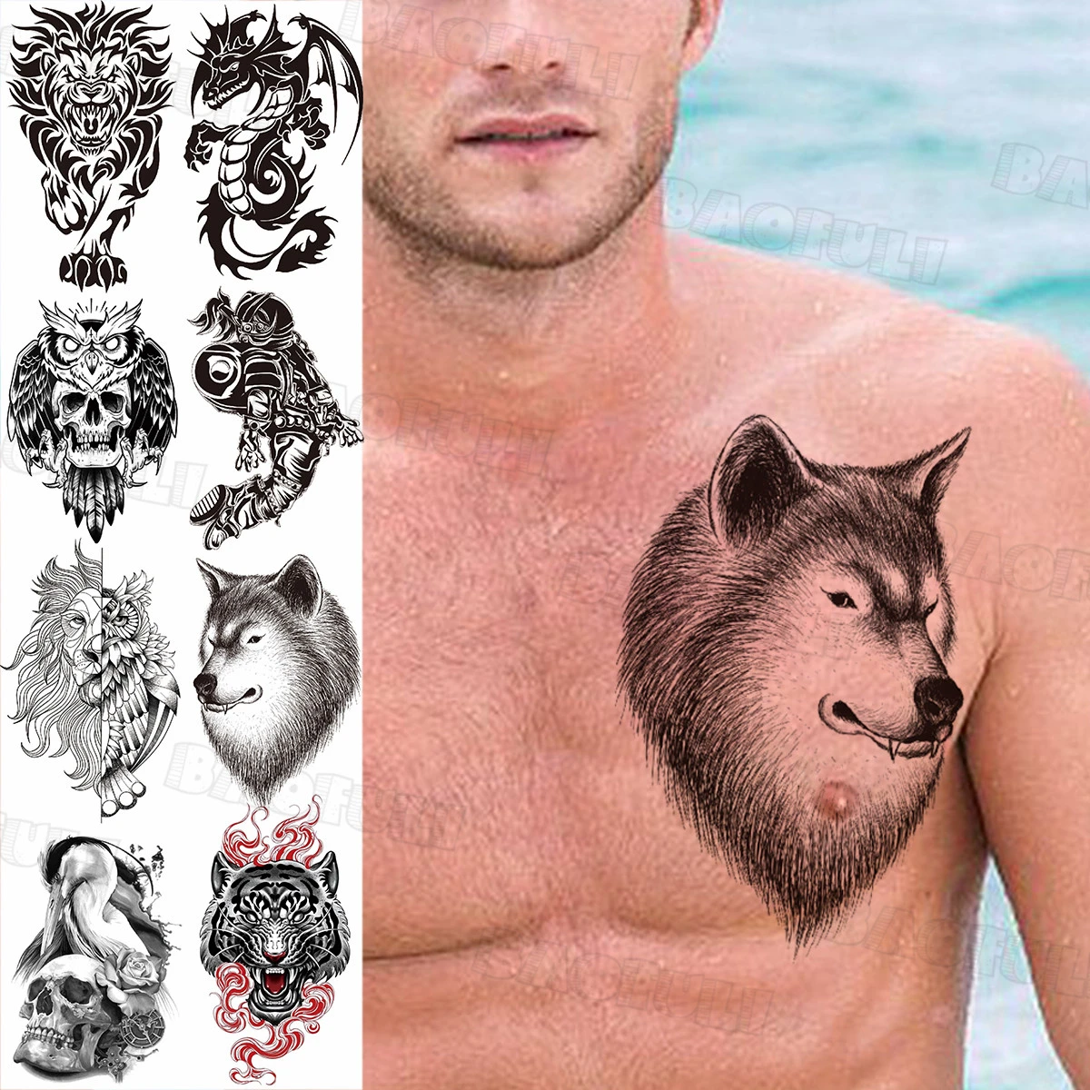 Tatouage Tete De Loup Realiste Tatouages temporaires jetables tête de loup noir pour hommes et femmes,  faux, réalistes, Lion, Dragon, hibou, crâne, astronaute | AliExpress