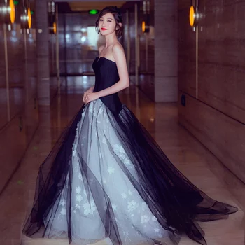 

Elegant Fashion Black Evening Dresses Strapless Appliques Sleeveless Satin Dress Formal Dresses Evening Gown Vestido De Noche