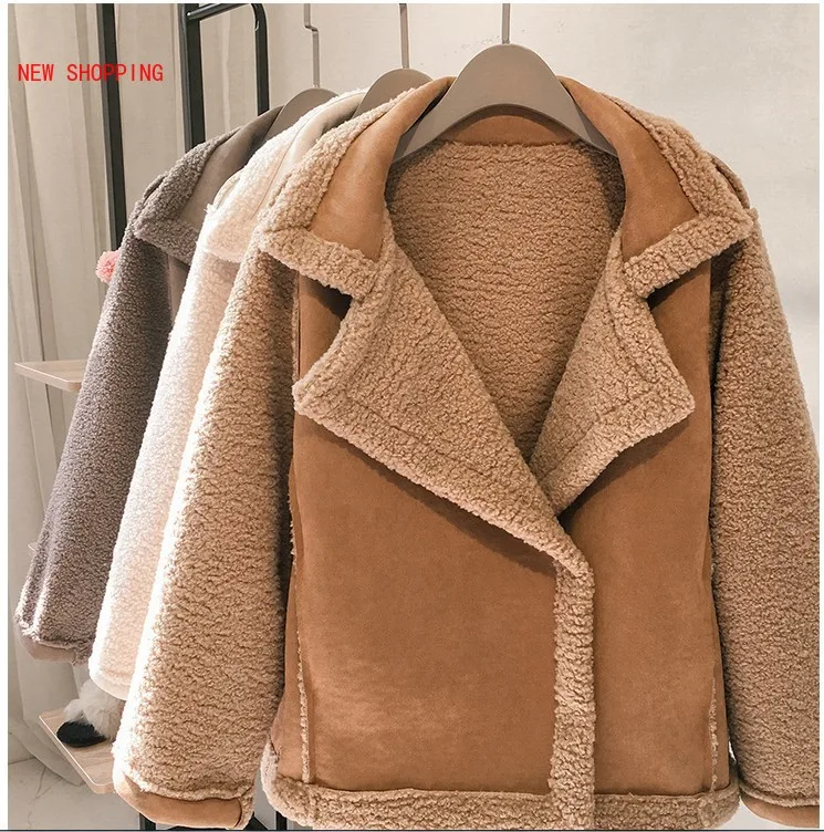 Winter New Lapel Lamb Wool Coat Female Loose Oversized Fur Motorcycle Jacket Tide Thicken Warm Fashion Women Jackets Coats Khaki