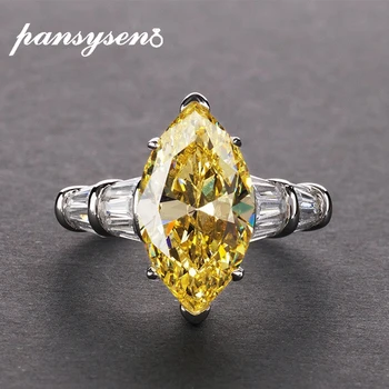 

PANSYSEN 8*14mm Citrine Gemstone Rings For Women Real 925 Sterling Silver Jewelry Party Anniversary Ring Female Gift