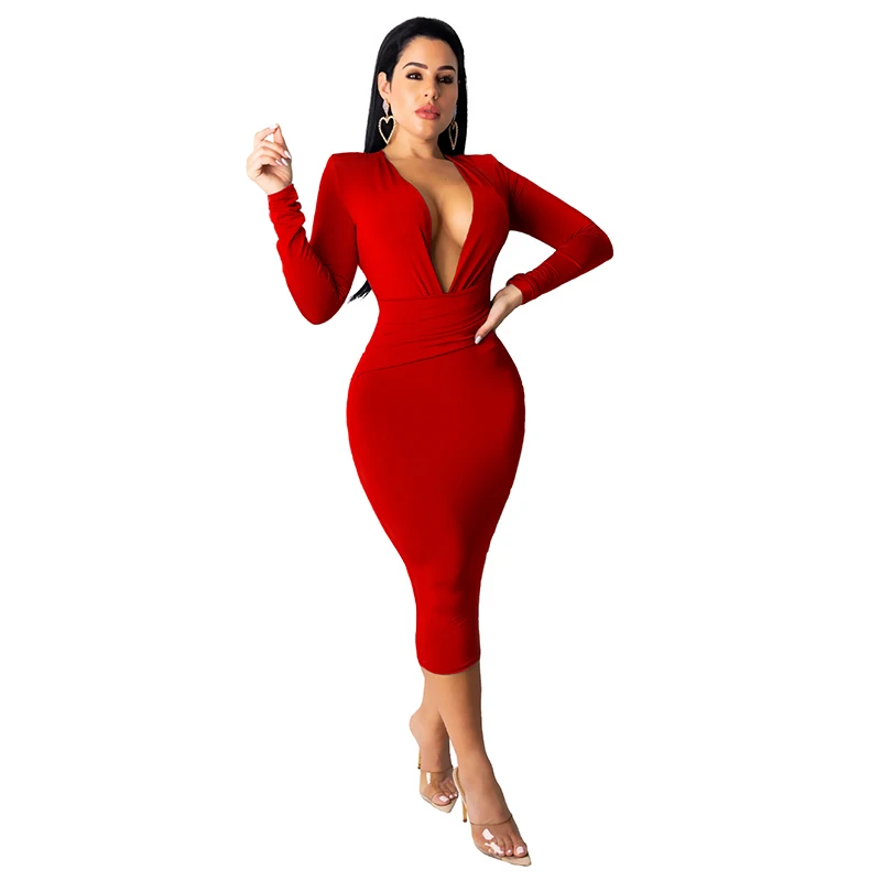

Echoine Fashion Long Dress Deep V-neck Solid Color Long Sleeve Open Up Slinky Bodycon Autumn Dress Women 6 Color