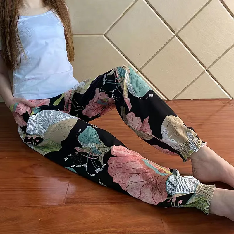 Women Casual Print Palazzo Pants Loose Sleep Pyjama Pants Wide Leg Thin Shorts Cropped Summer Outdoor