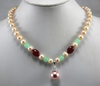 

party jewelry 8mm yellow shell pearl bead mixed green/red Jade necklace match 12mm pink shell pearl pendant necklace