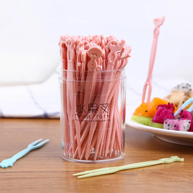 

50Pcs/Box Plastic Cake Dessert Tableware Disposable Fruit Forks for Birthday Party Wedding Party Supplies Two-toothed Forks