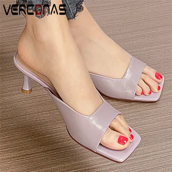 

VERCONAS Women Thin Heels Party Pumps Slippers Top Quality Square Toe Sandals Summer Genuine Leather High Heeled Shoes Woman