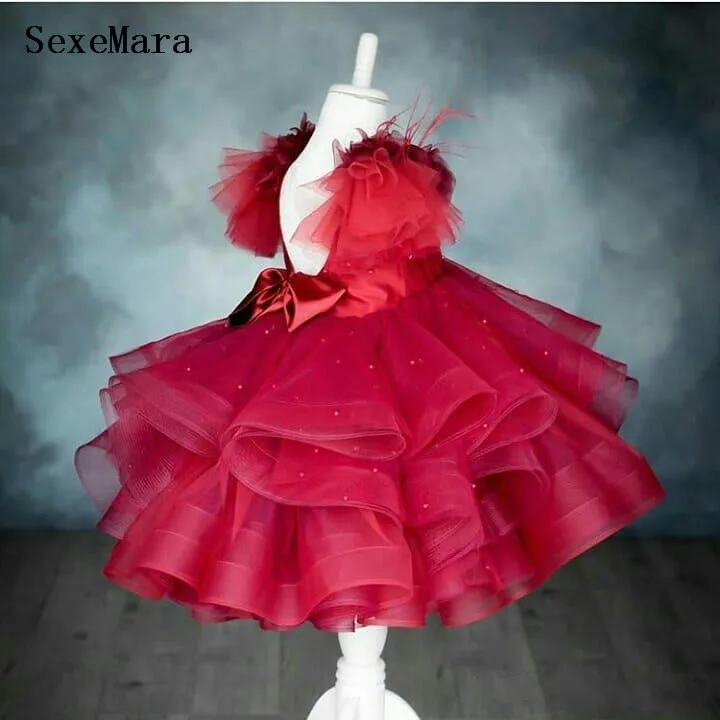 

Red Puffy Baby Girl Dresses Feather Tiered Organza Flowers Tutu Wedding Birthday Party Dresses For Girls