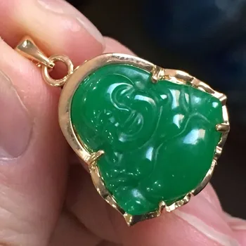 

Free Shipping>>>New good Lucky Green JADE NEW 14K GP GOLD Buddha Pendant&Necklace