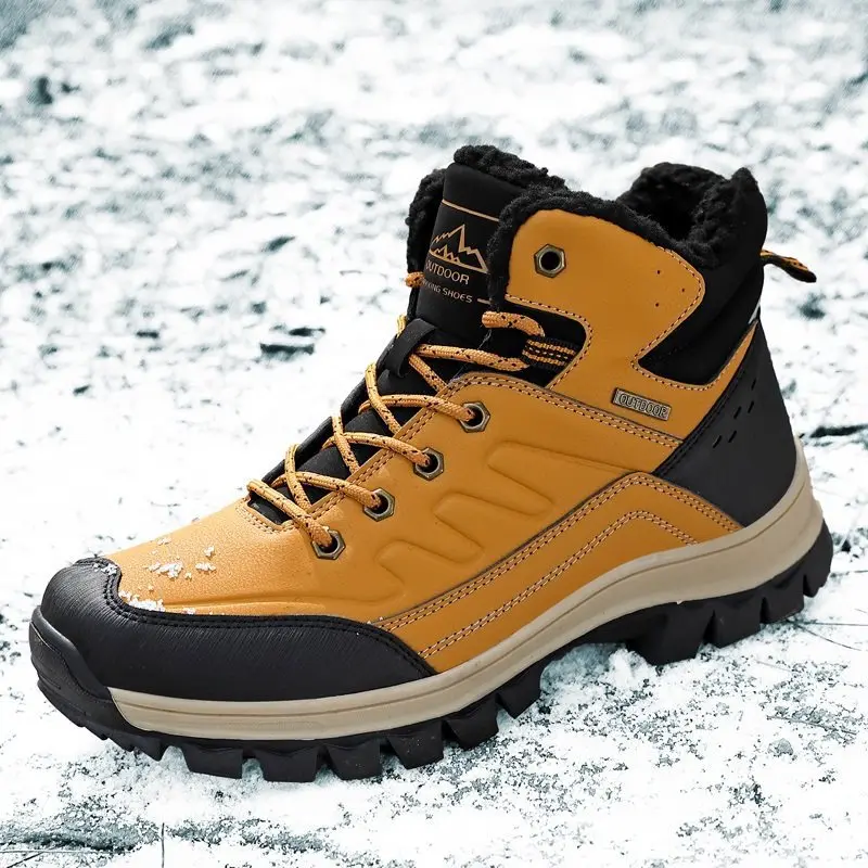 

Men's winter shoes Warm Platform Slip on Men Boots Comfortable Warm Fur Plush Work Shoes Men Military Snow Boots for Men Botas