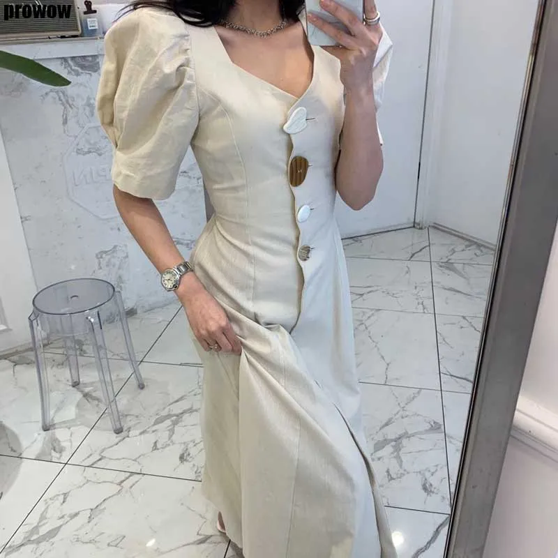 2020 Summer New Women Backless Lace Up Button Dress Vintage Korean Chic Puff Sleeve Long Dress Ladies High Waist Slim Dresses