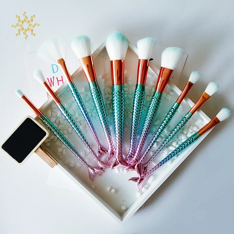 

10Pcs/SetMakeup Brushes Tool Cosmetics High Quality Set of Bronzer Mermaid Highlighter Foundation Face Eyeshadow Lip Artist