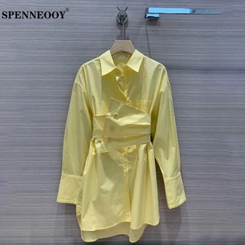 

SPENNEOOY Designer Custom Runway Autumn Women Casual Mini Dresses Ladies Long Sleeve White/Yellow Loose Shirt Dress 2020