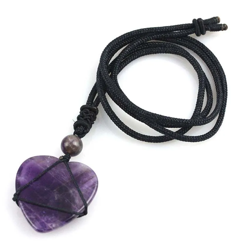 KFT Natural Rose Pink Quartz Crystal Amethysts Heart Shape Pendant Healing Crystal Quartz Reiki Rope Wrapped Stone Necklace - Image 5