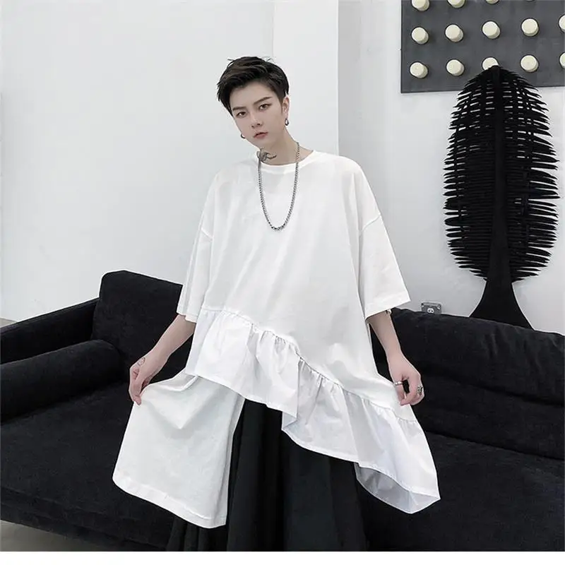 

Men's summer new asymmetrical flounce short sleeve T-shirt couples the same street hip-hop large size long T-shirt