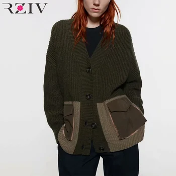 

RZIV Autumn and winter women's sweater casual solid color pocket decoration V-neck long-sleeved cardigan sweater