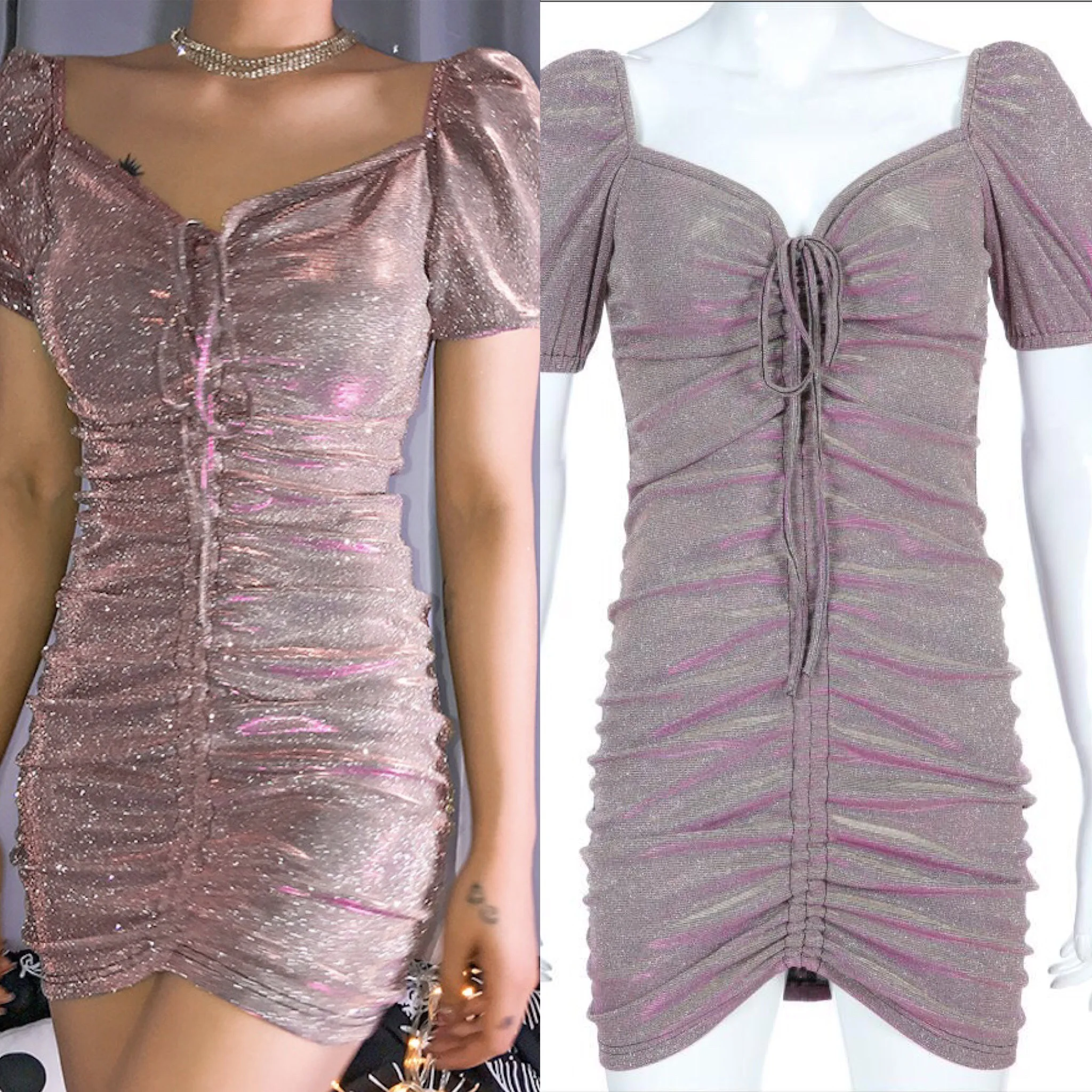 

Blingbling Runway Dress 2019 Summer Clothes Women Sweet Puff Sleeve Sheath Bandage Dress V Neck Grey Vestido
