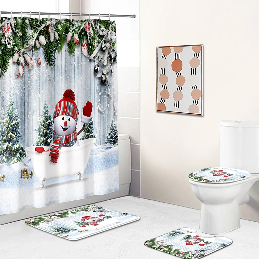 Snowman Santa Claus Shower Curtain Set Non-slip Bathroom Mat Rug Carpet Waterproof Toilet Cover Bath Christmas Festival Deco | Дом и сад