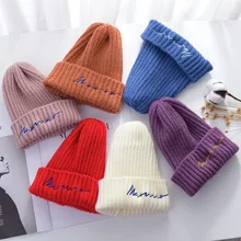

Bright Color Multicolor Letter Embroidery Boys and Girls Children's Woolen Melon Skin Autumn and Winter Baby Knitted Hat 2021