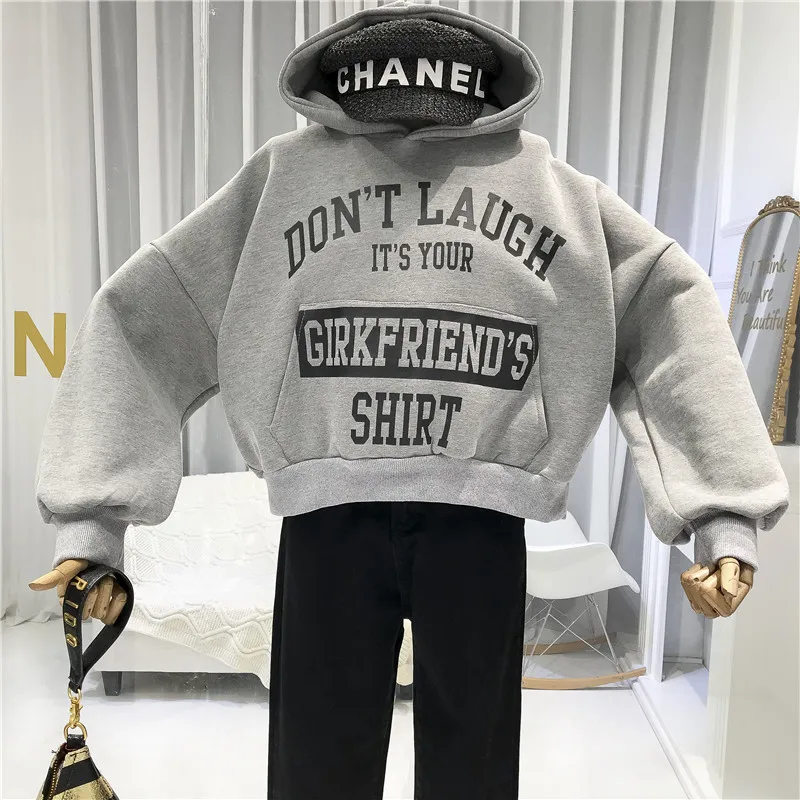 

Korean Fashion Sweatshirt Women Letter Pullovers Womens Long Sleeve Tops Gray Black White 2019 Thick Jacket Woman Hooded