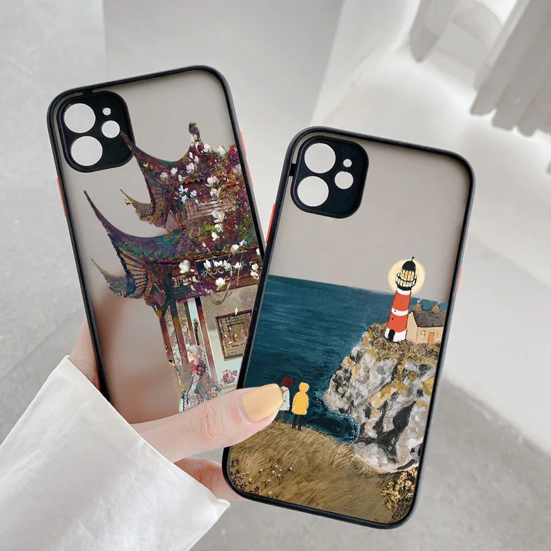 Cartoon Scenery Girl Phone Case For iphone 7 8 Plus SE 2020 13 11 12 Pro Max for iPhone X XR XS MAX Hard Shockproof Cover Fundas