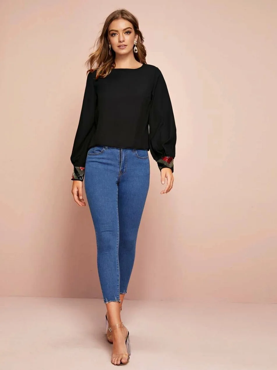 

Linglewei New Spring and Summer Women's Shirt Sleeve sequins Chiffon Long sleeves Round collar shirt