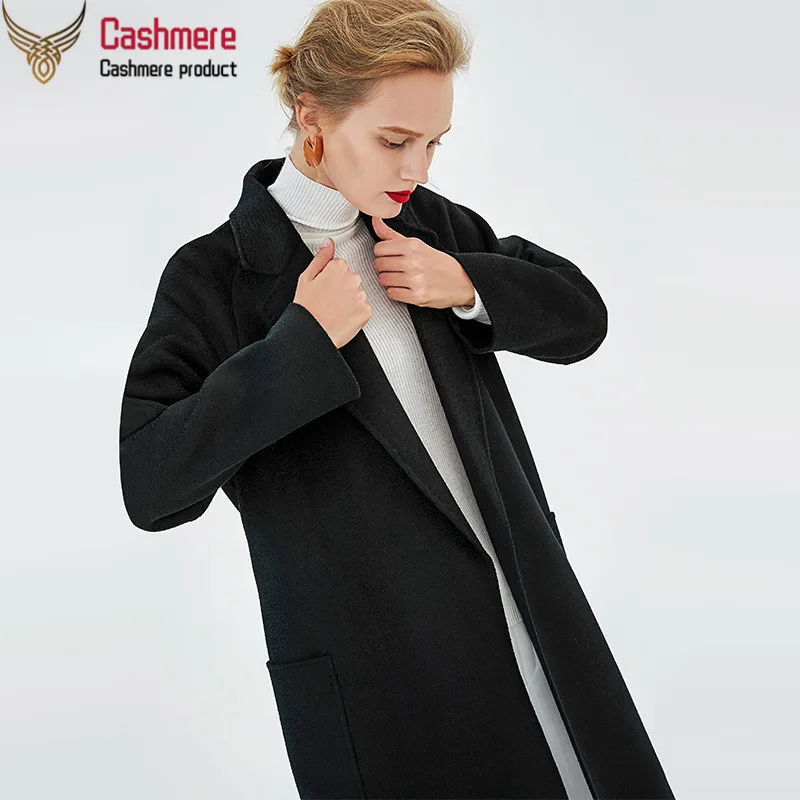 

British Feng Shui ripple double-sided cashmere coat women 2019 new waist waist woolen coat in long classic black coat slim type
