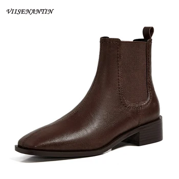 

New All-match Oil Wax Leather Square Toe All-match Chelsea Boots Medium Thick Heel Retro Slip-On Ankle Short Boots Women