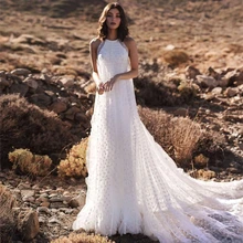 

Backless Sleeveless O-Neck Wedding Dress 2021 Lace Applique Court Train Illusion Tulle Simple Elegant Bride Gown For Female