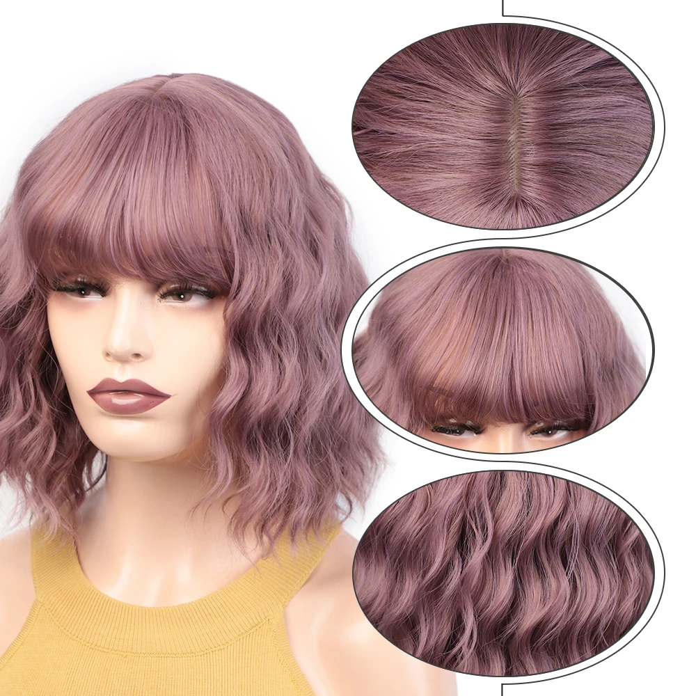 Billige Synthetische Kurzen Rosa Perücke mit Pony Lolita Perücken für Frauen Cosplay Wasser Welle Lila Braun Grau Perücke von Doris schönheit