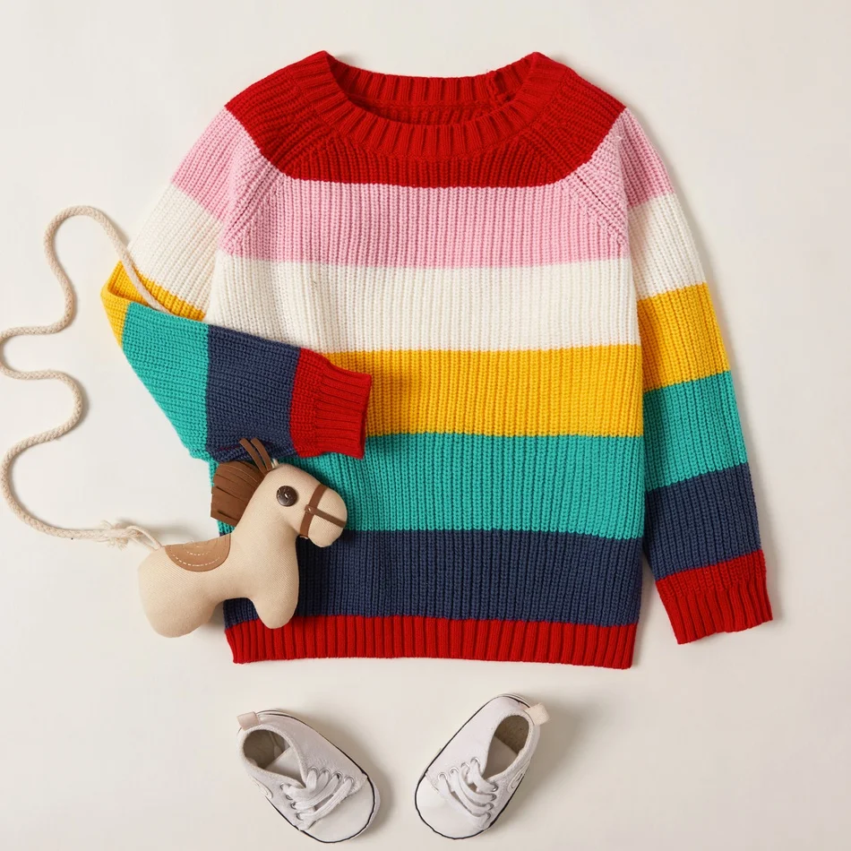 Toddler Girl Tops Winter Colorful Striped Knitted Thermal Sweater