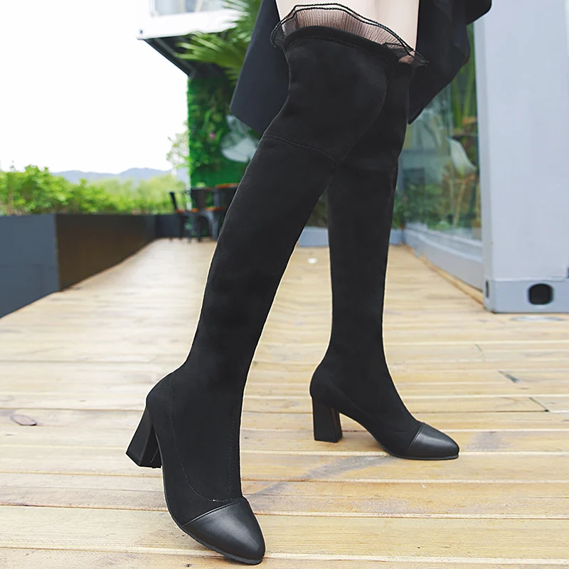 Thigh-high Ruffles Patch-work Over Knee Boots For Women 2020 Autumn/Winter New Women's Shoe Chunky Heel Stretch Boot