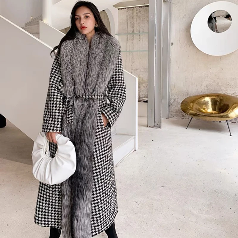 

Новое поступление, зимнее женское длинное теплое шерстяное пальто с длинным рукавом и воротником из натурального Лисьего меха