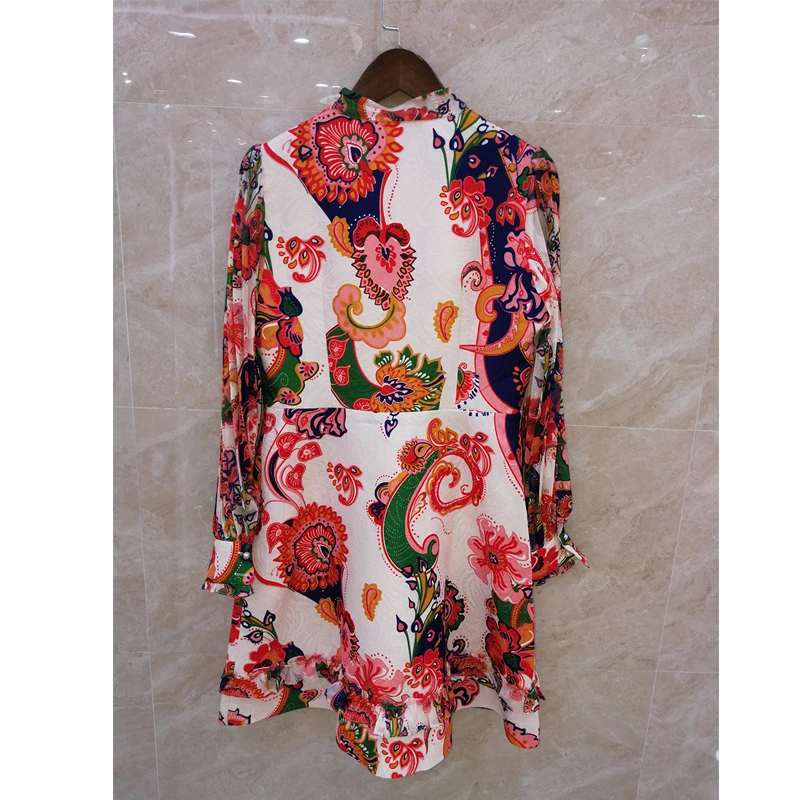 SEQINYY Vintage Mini Dress Flower Print Boho 2020 Summer Spring New Fashion Design Chiffon Shine Spliced Jacquard A-line Mini