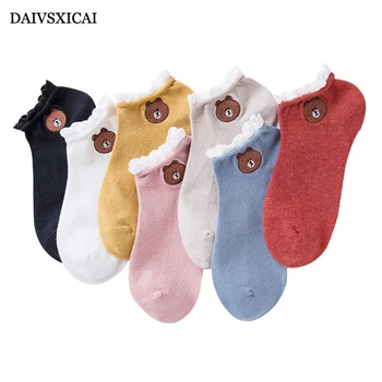 

3Pair/lot=6pieces Cotton Embroidered Bear Woman Boat Socks Lace Candy Color Breathable Female Fashion Socks