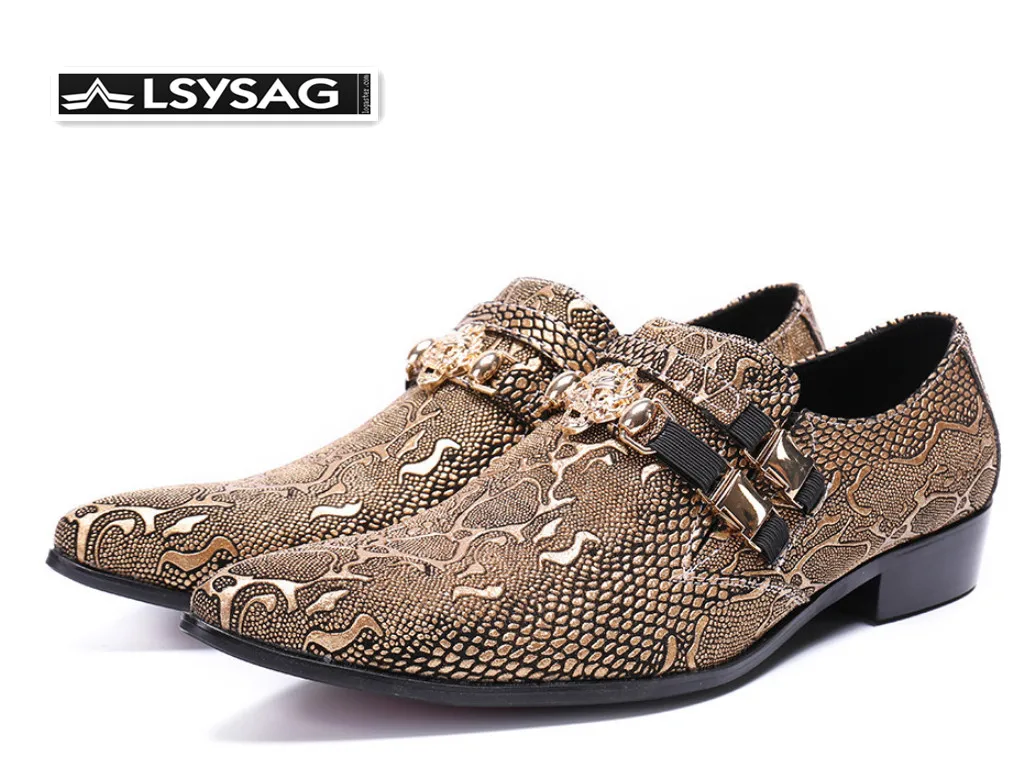

New Fashion Metal Charm Men Dress Shoes Luxury Gold Silver Genuine Leather Formal Shoes Men Business Wedding Shoes