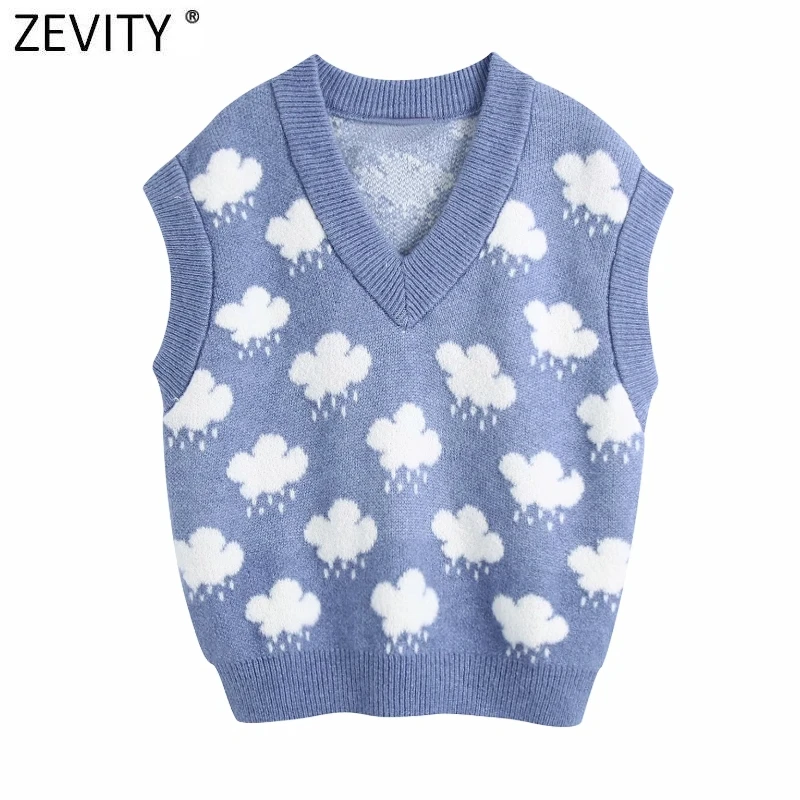 Zevity-suéter de punto con cuello de pico para mujer, jersey de diseño de nubes, sin mangas, informal, ajustado, Tops de ocio Chic, S669